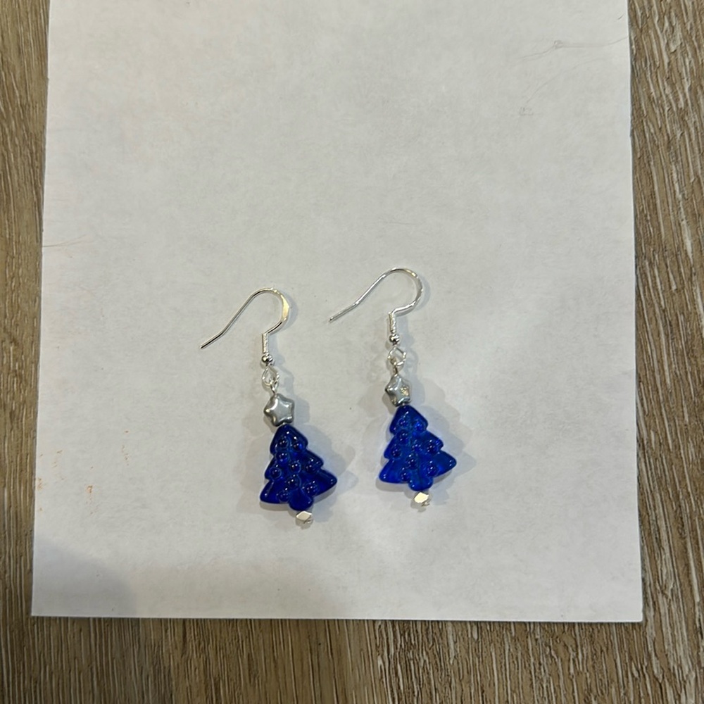 New handcrafted blue and silver christmas tree earrings. Dangly. About 2 in - Picture 1 of 2